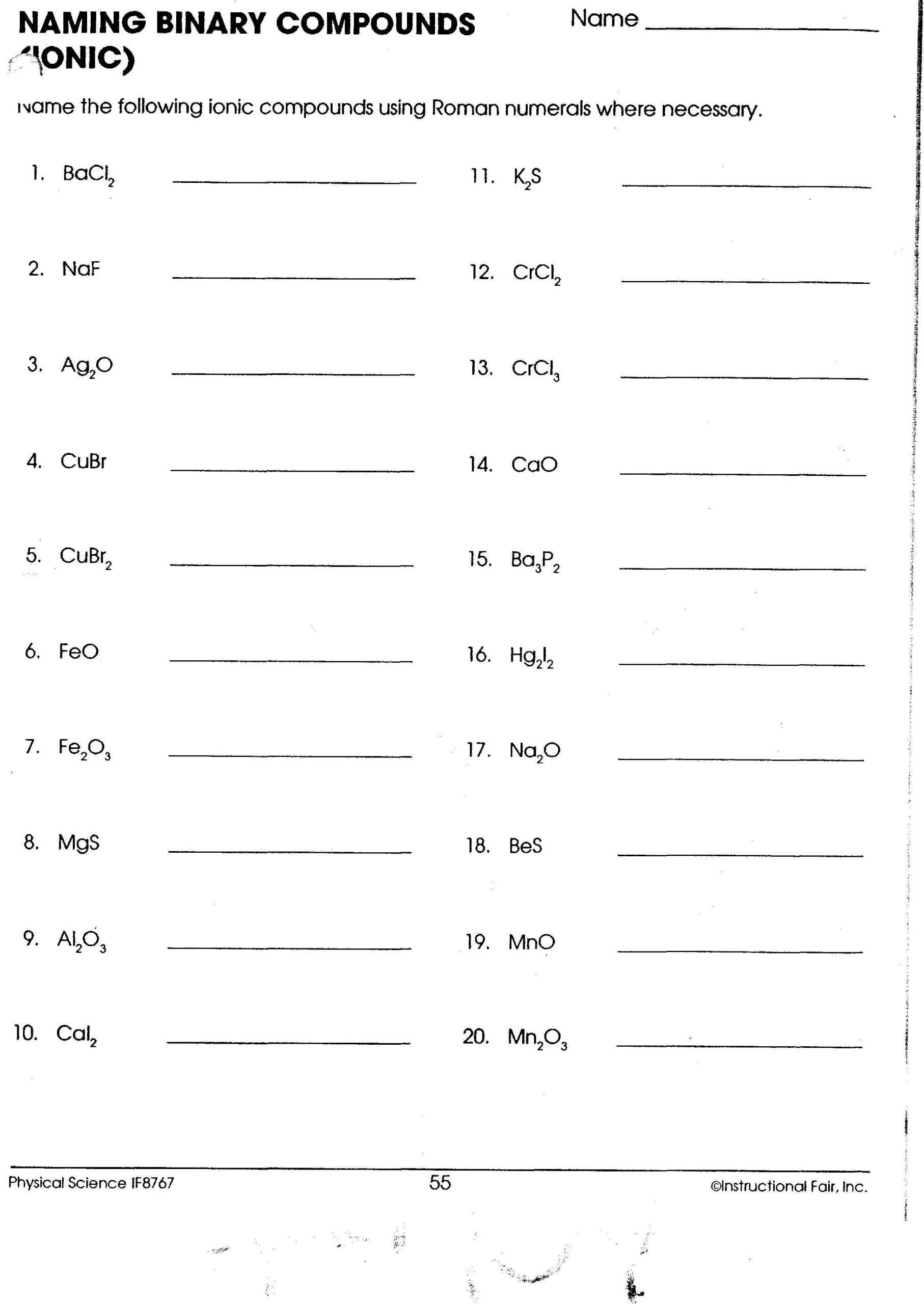 Naming Binary Compounds Practice Worksheet