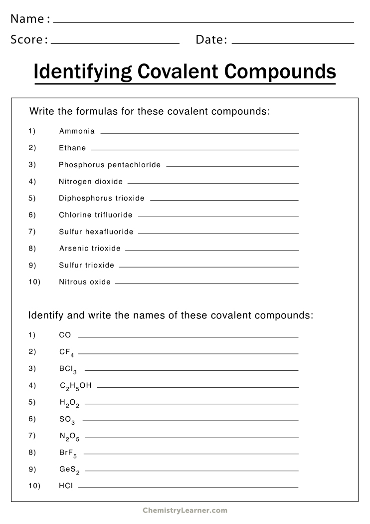 Naming Binary Covalent Compounds Worksheet For 10Th Higher Ed