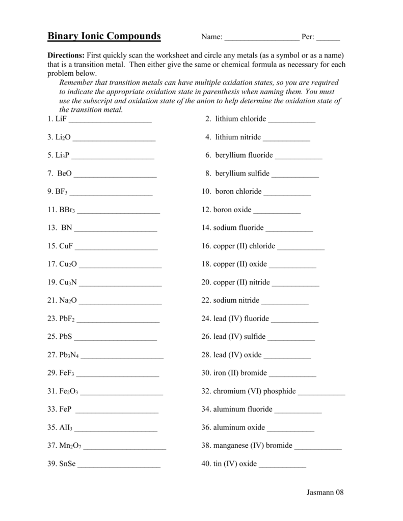 Naming Binary Ionic Compounds Worksheet Answers