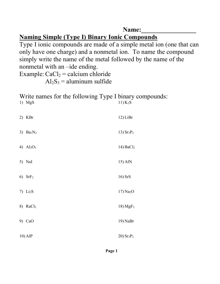 Naming Ionic Compounds Packet Answer Key Athens Mutual Student Corner