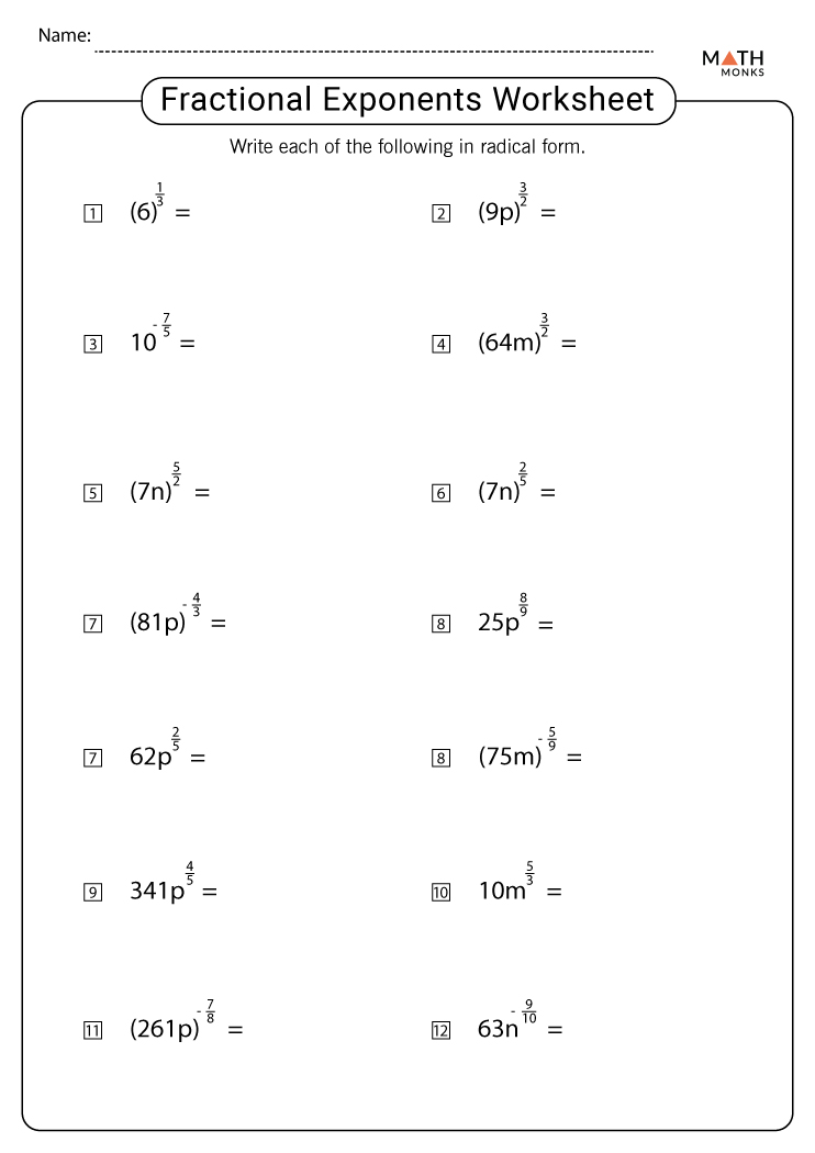 Negative And Rational Fractional Exponents Worksheet Live