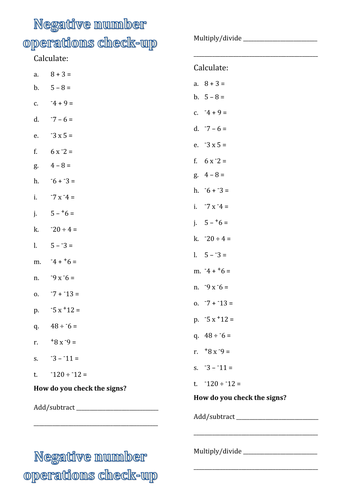 Negative Number Operations Check Up Teaching Resources