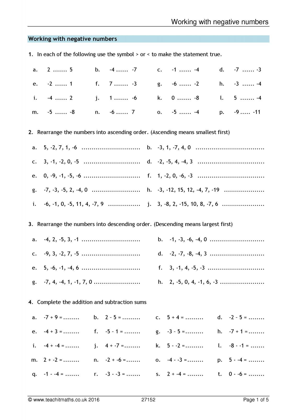 Negative Numbers Ks3 Worksheet With Answers Thekidsworksheet