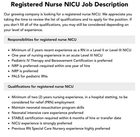 Neonatal Intensive Care Unit Nicu Nurse Job Description Template