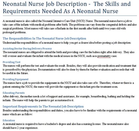 Neonatal Nurse Job Description