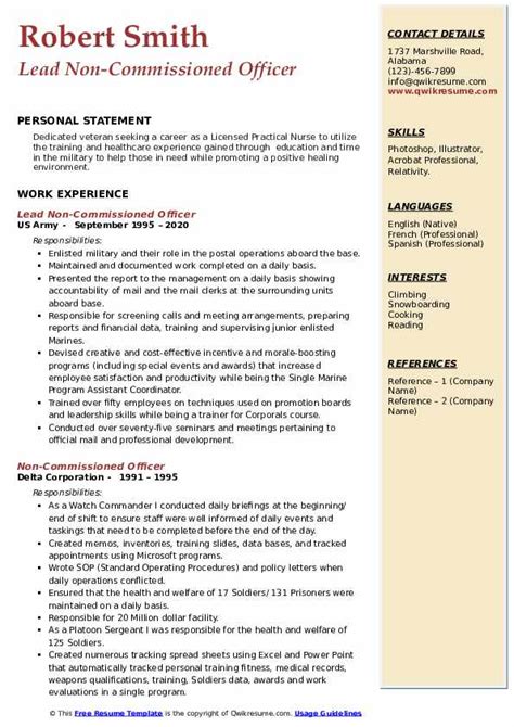 Non Commissioned Officer Resume Samples Qwikresume