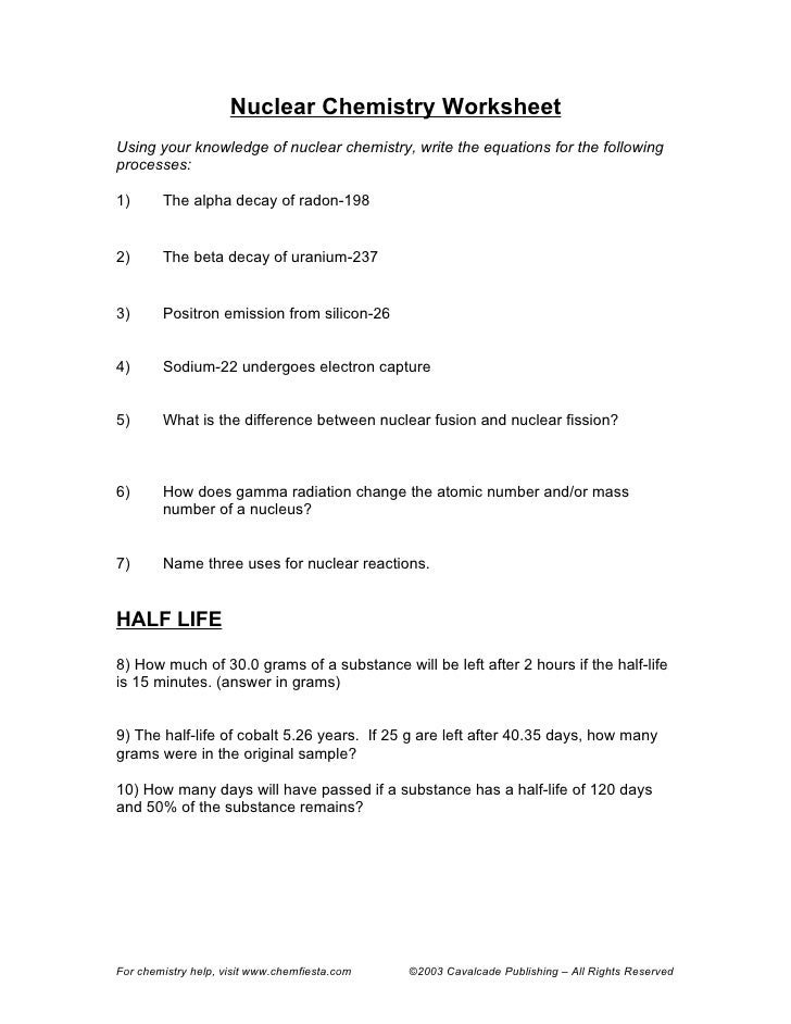 Nuclear Chemistry Half Life Worksheet