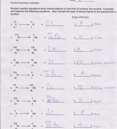 Nuclear Decay Worksheet Answers