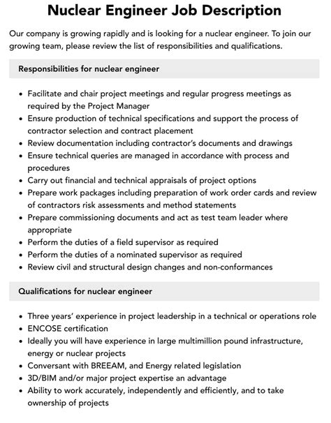 Nuclear Engineer Job Description Sample Template