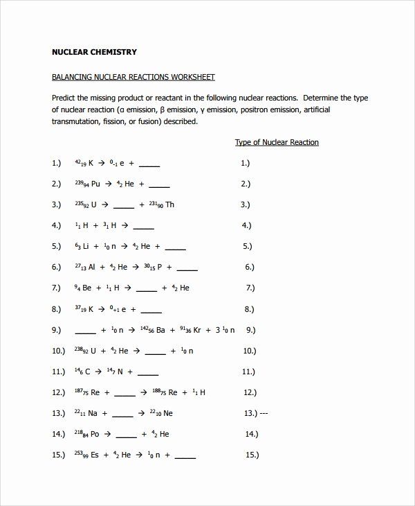 Nuclear Equations Worksheet Answer Key