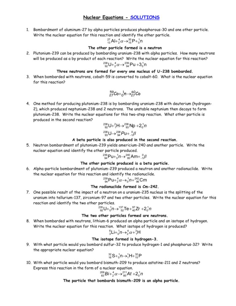 Nuclear Equations Worksheet With Answers