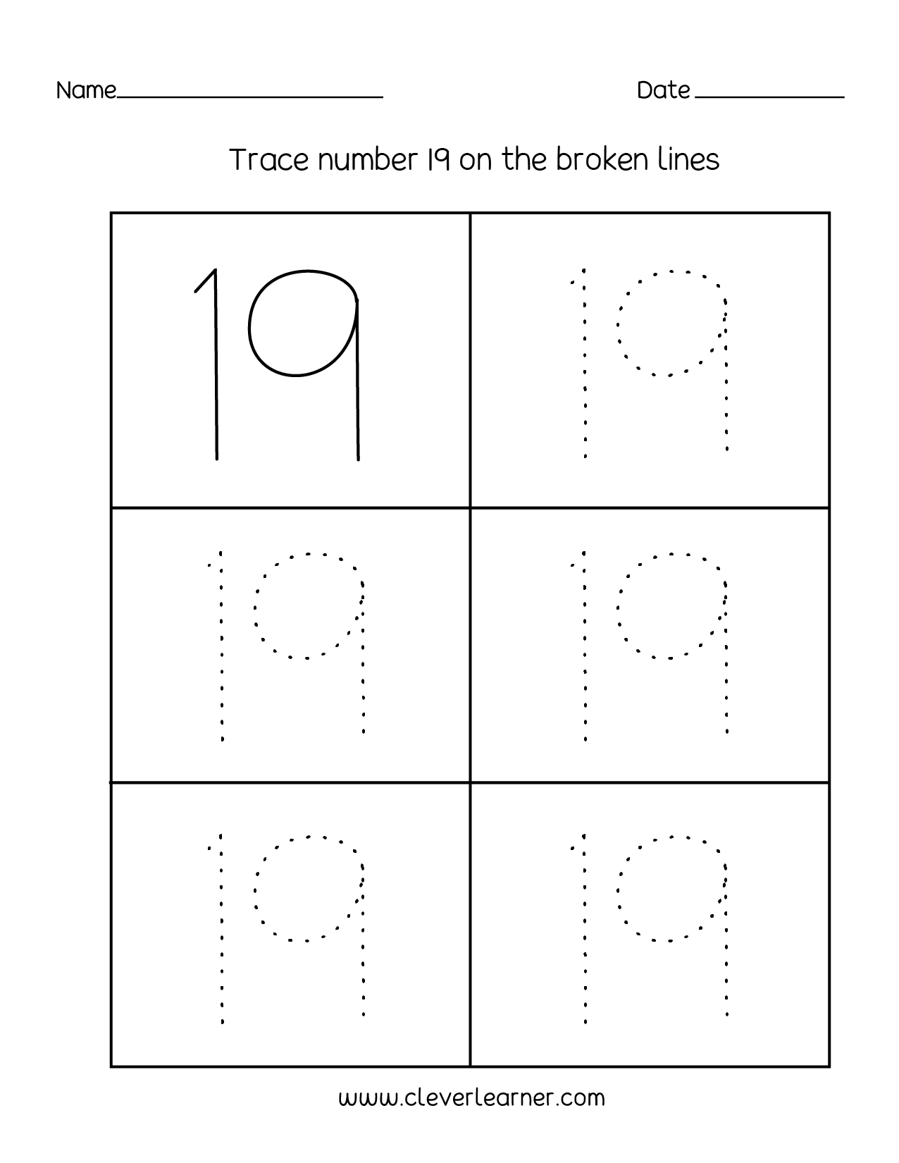 Free Number 19 Tracing Worksheets for Kids