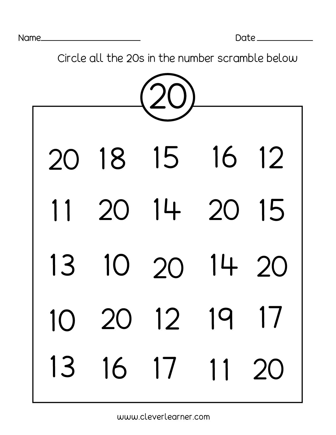 Number 20 Worksheets Kindergarten