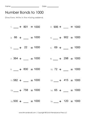 Number Bonds To 1000 Worksheet Printable First Grade Math Worksheets