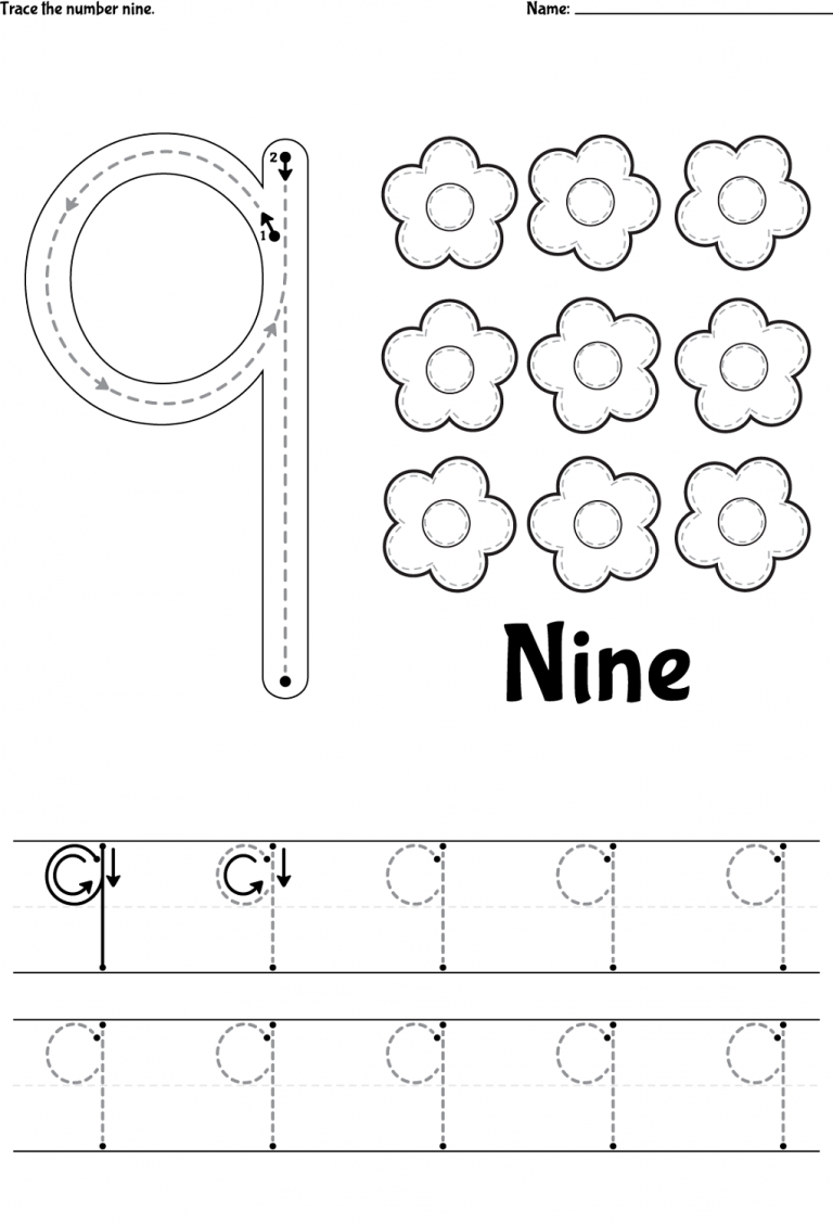 Number Nine Trace Practice Worksheet For Prek Kids And Toddlers