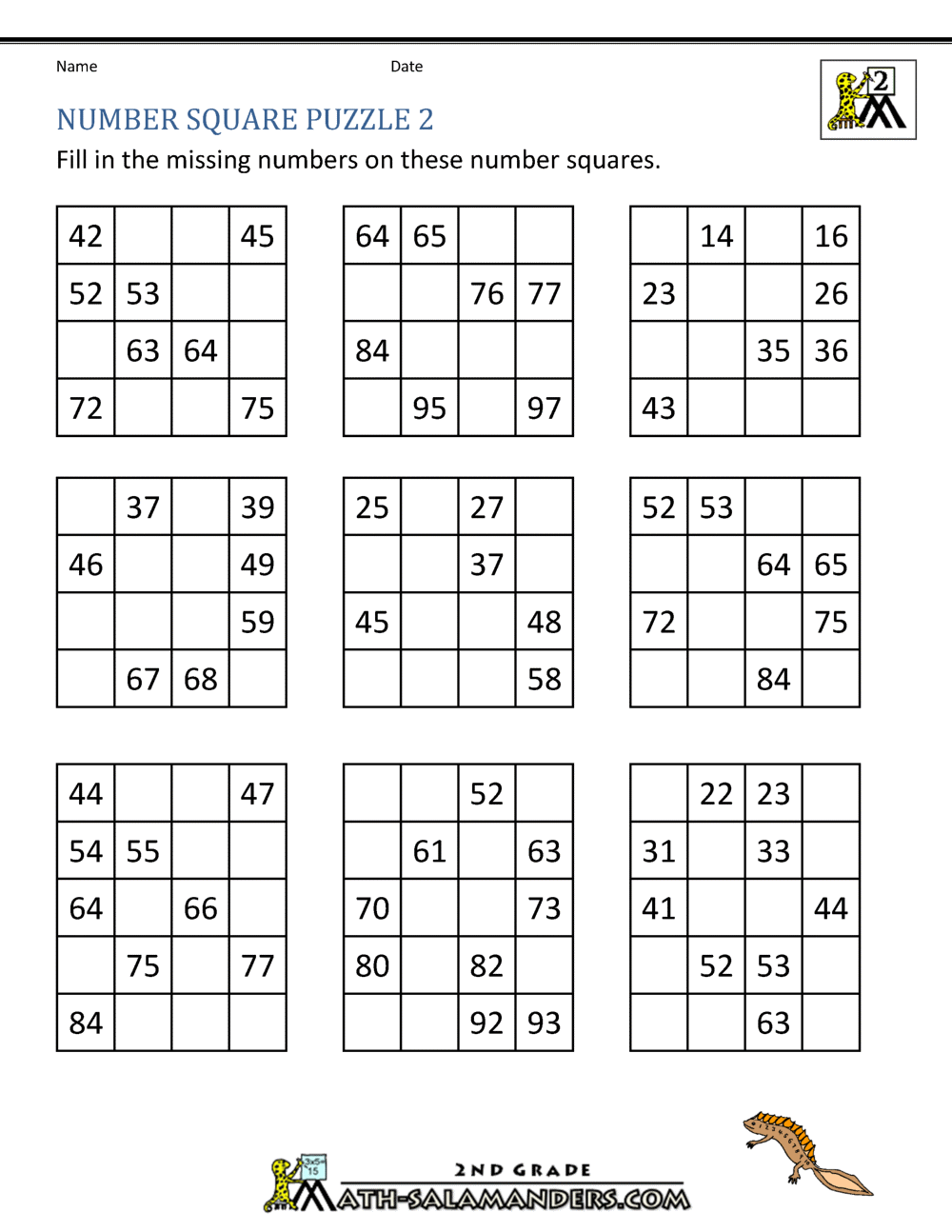 Number Square Worksheets