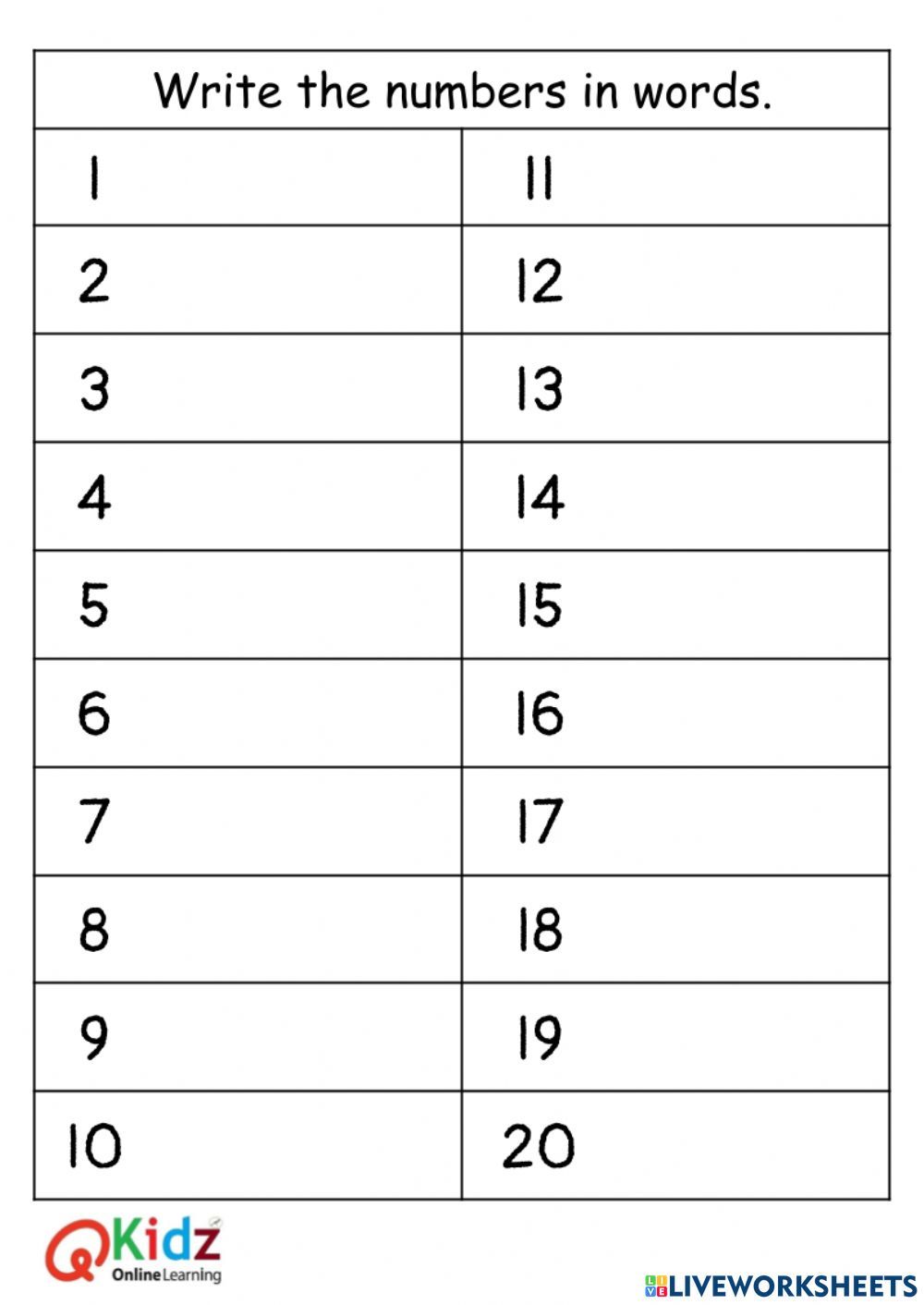 Number Words 1 To 20 Worksheet Digital