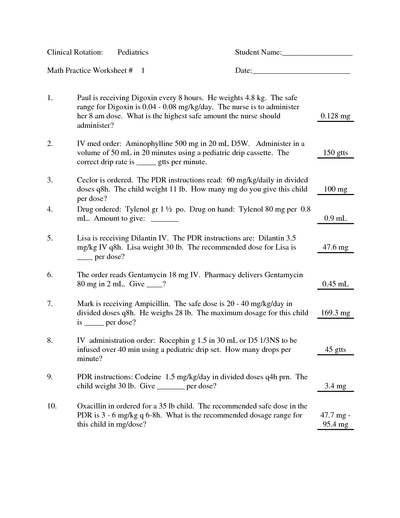 Nursing Math Practice Worksheets Free Printable