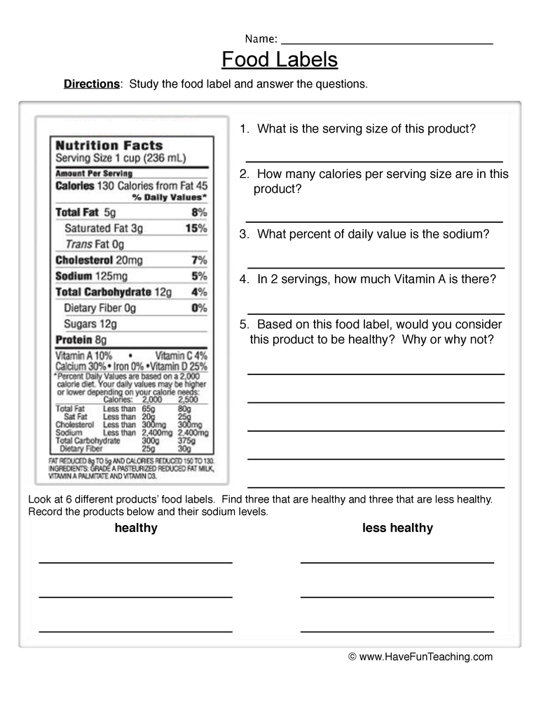 Nutrition Label Worksheet Answers Food Label Assignment Nutrition Facts