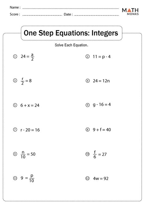 One Step Equations Worksheet