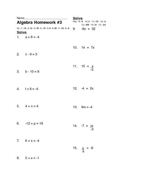 One Step Equations Worksheets 7Th Grade Worksheets Master