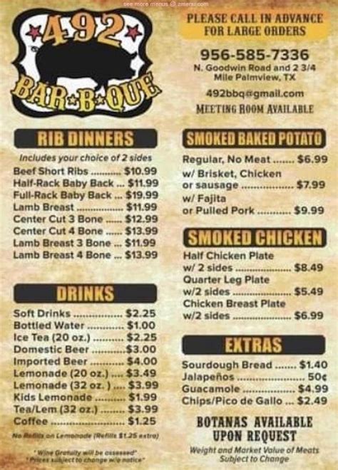 Online Menu Of 492 Bbq Restaurant Mission Texas 78574 Zmenu