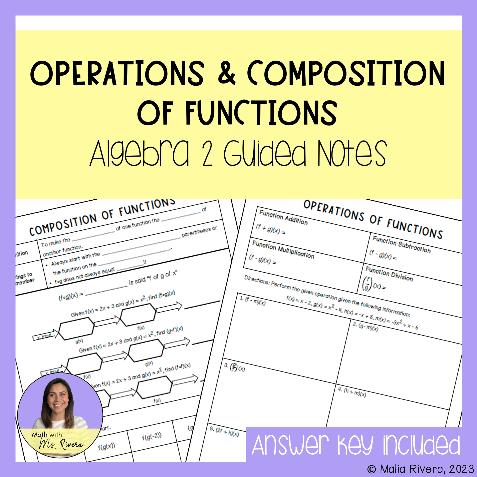 Operations Composition Of Functions Guided Notes For Algebra 2 Made