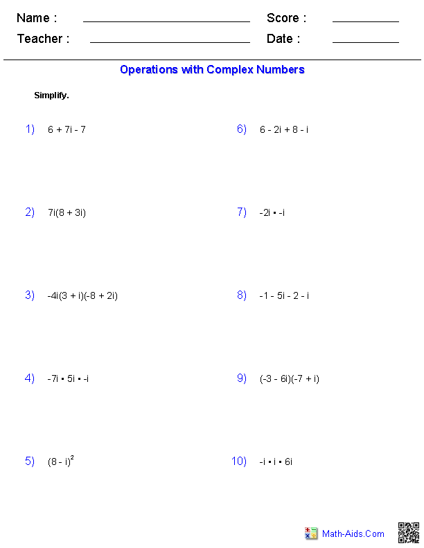 Operations With Complex Numbers Worksheets