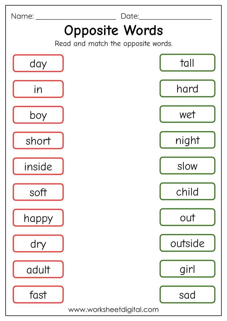 Opposite Words Worksheet Free Printout For Children