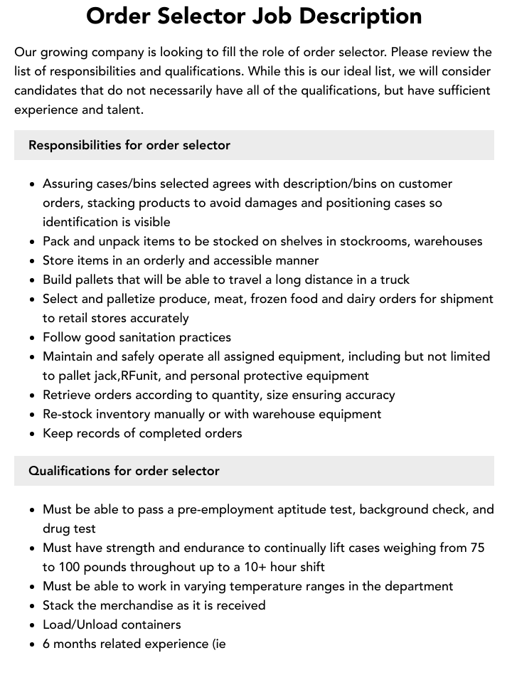 Order Selector Job Description Velvet Jobs