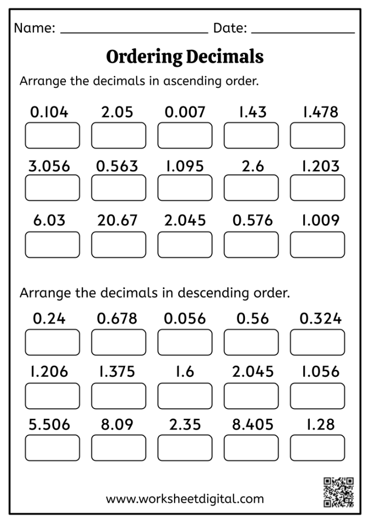 Ordering Decimals Grade 5 Worksheet