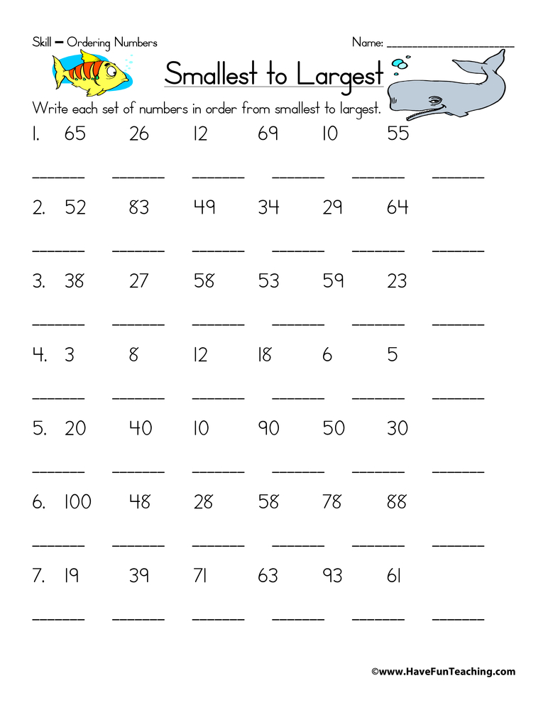 Ordering Numbers Math Worksheet