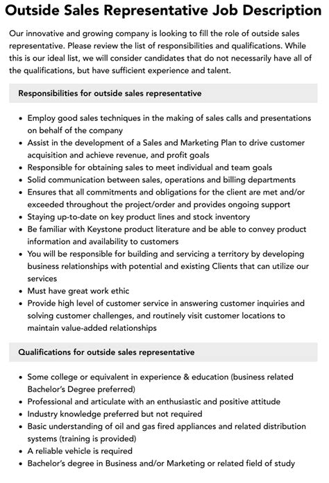 Outside Sales Job Description Template