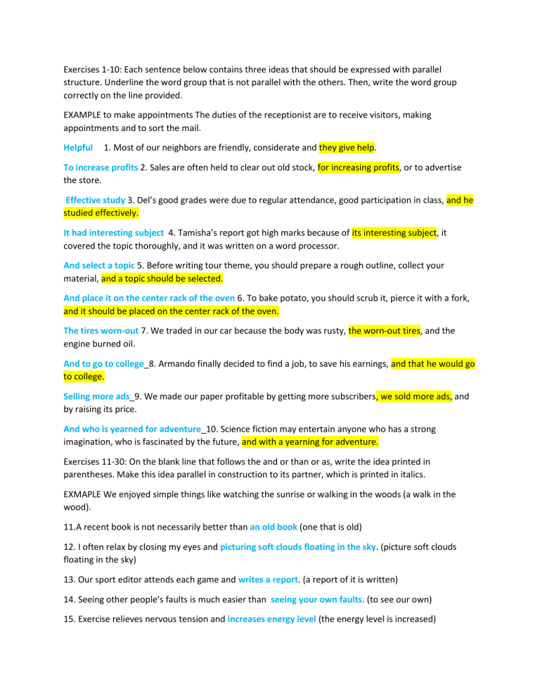 Parallel Structure Worksheet 1 4