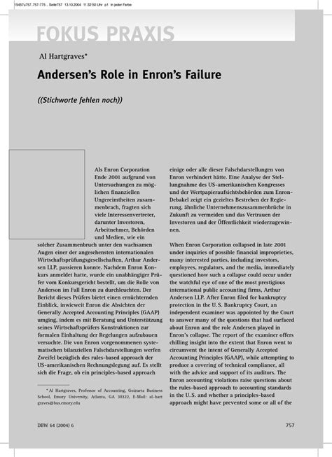 Pdf Andersen Amp 39 S Role In Enron Amp 39 S Failure