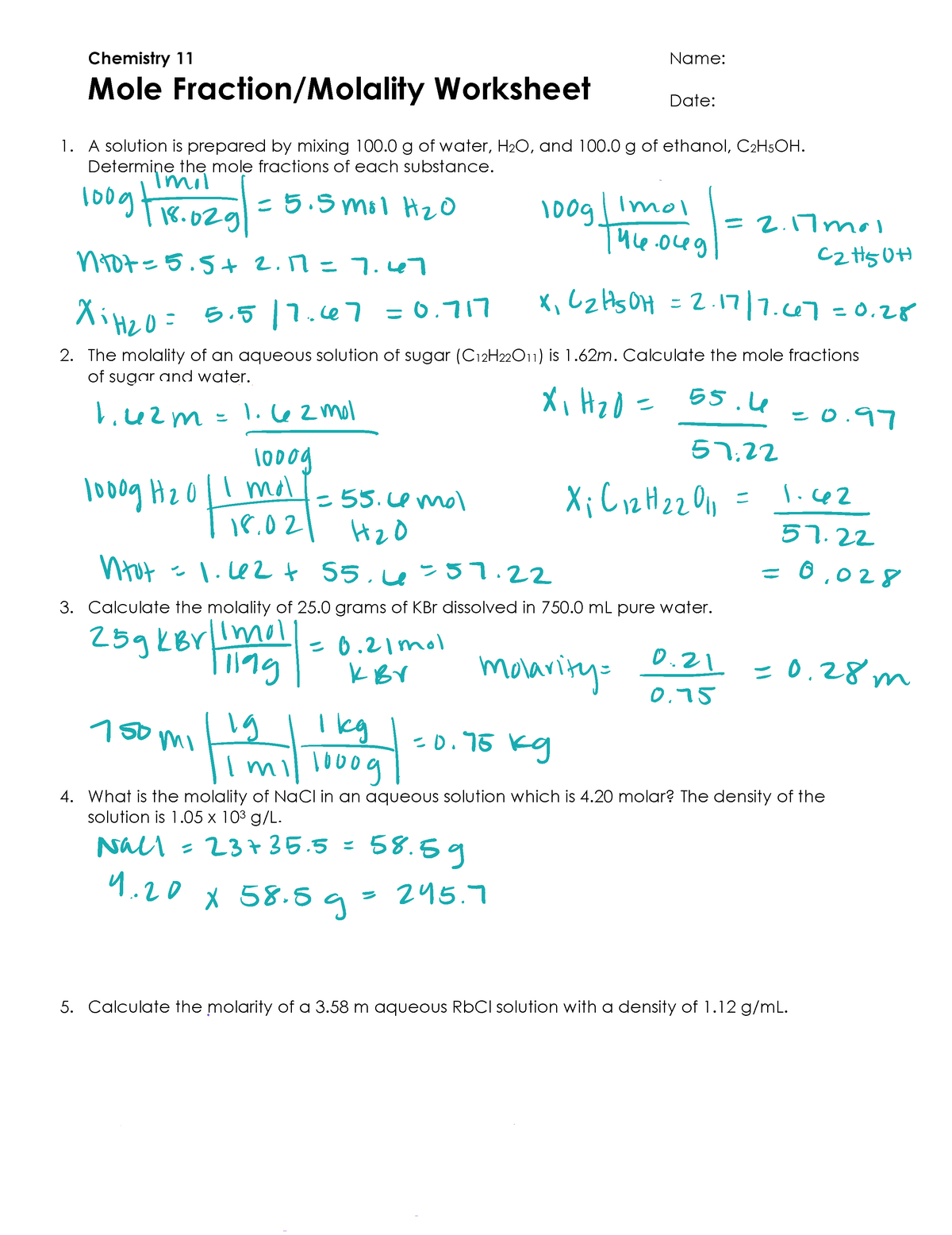 Pdf Homework Answers Molarity Molality Worksheet 40 0 Delasalle