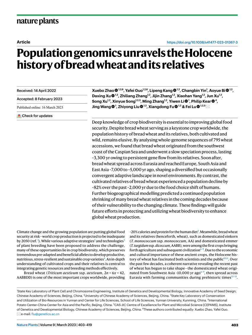 Pdf Population Genomics Unravels The Holocene History Of Bread Wheat