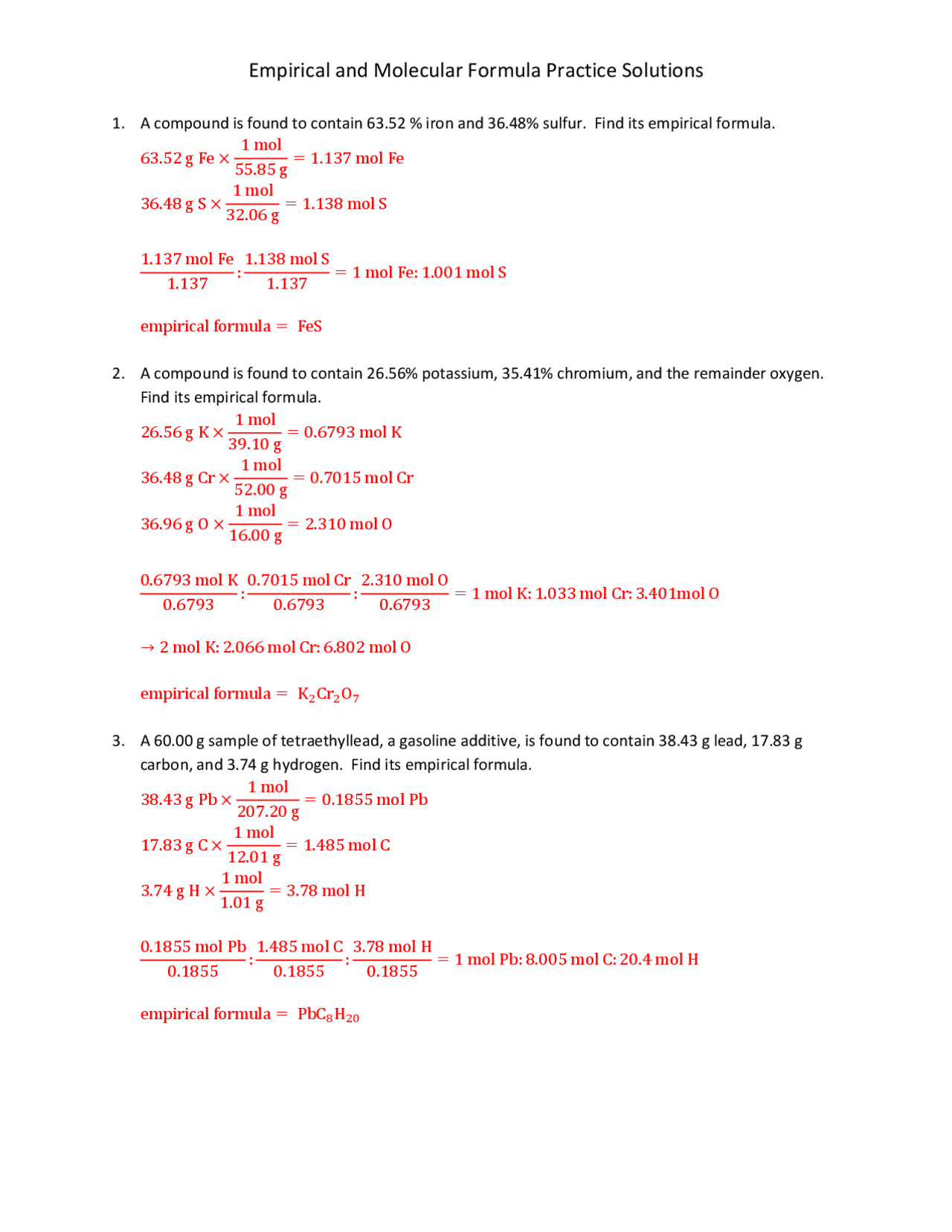 Percent Composition And Molecular Formula Worksheet Practice Problems And Solutions