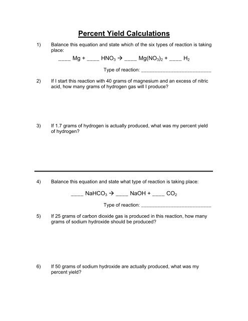 Percent Yield Worksheet For 10Th 12Th Grade Lesson Planet