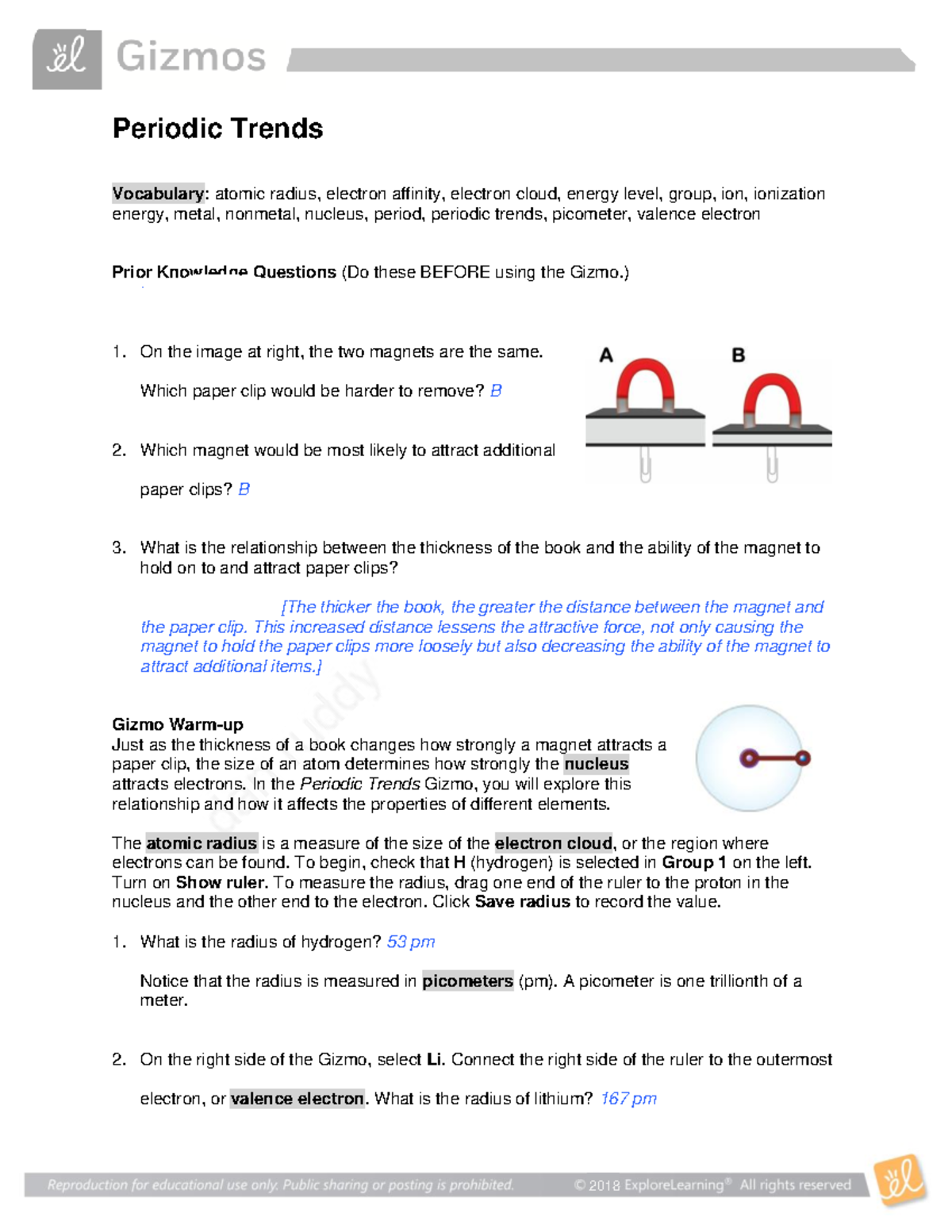 Periodic Table Trends Answer Sheet