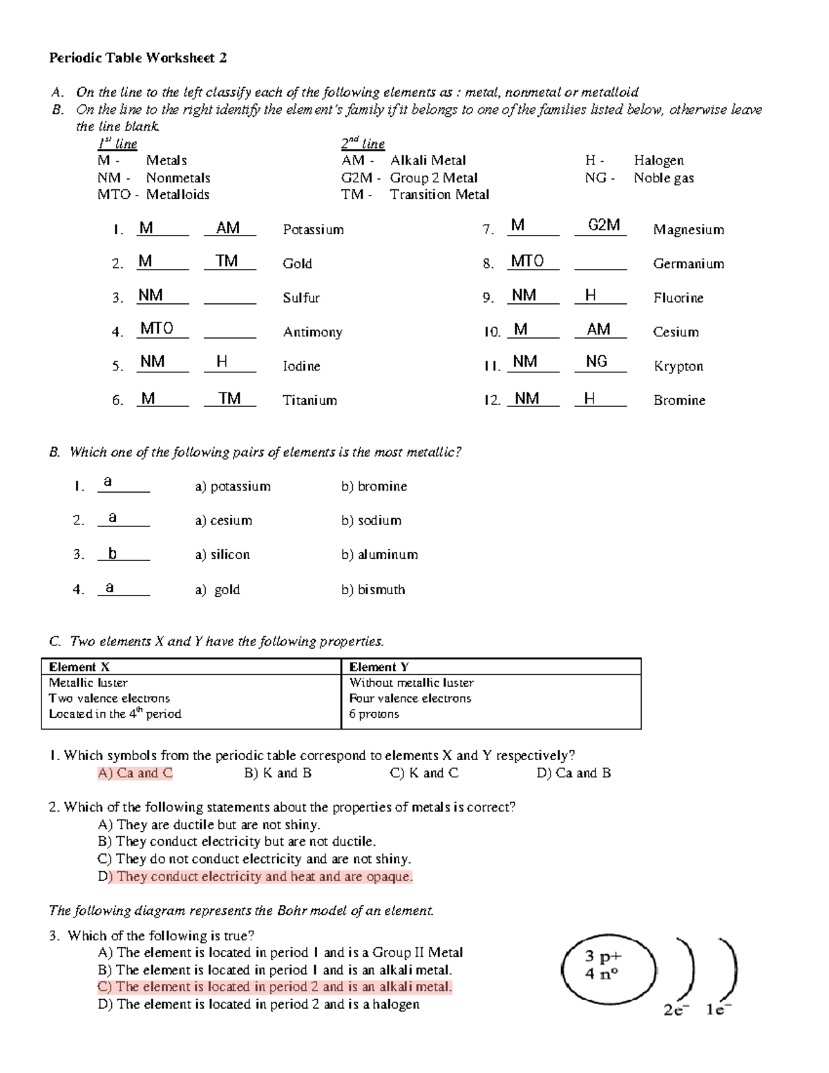 Periodic Table Worksheet 2 Teaching Resources