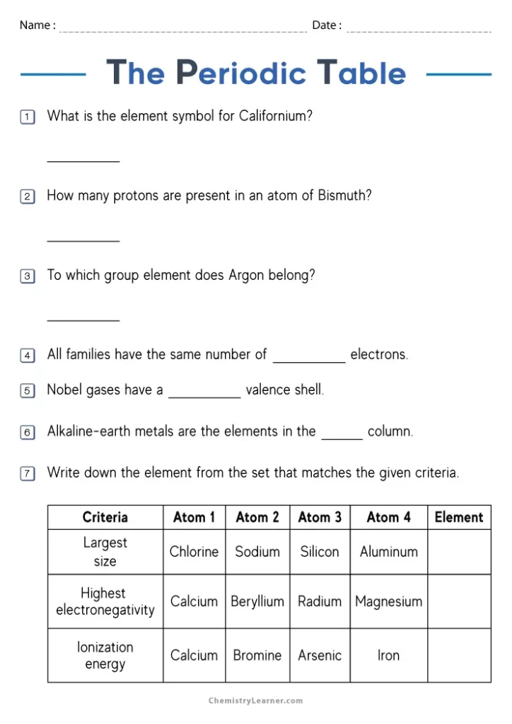 Periodic Table Worksheet Answer Key Science Notes And Projects