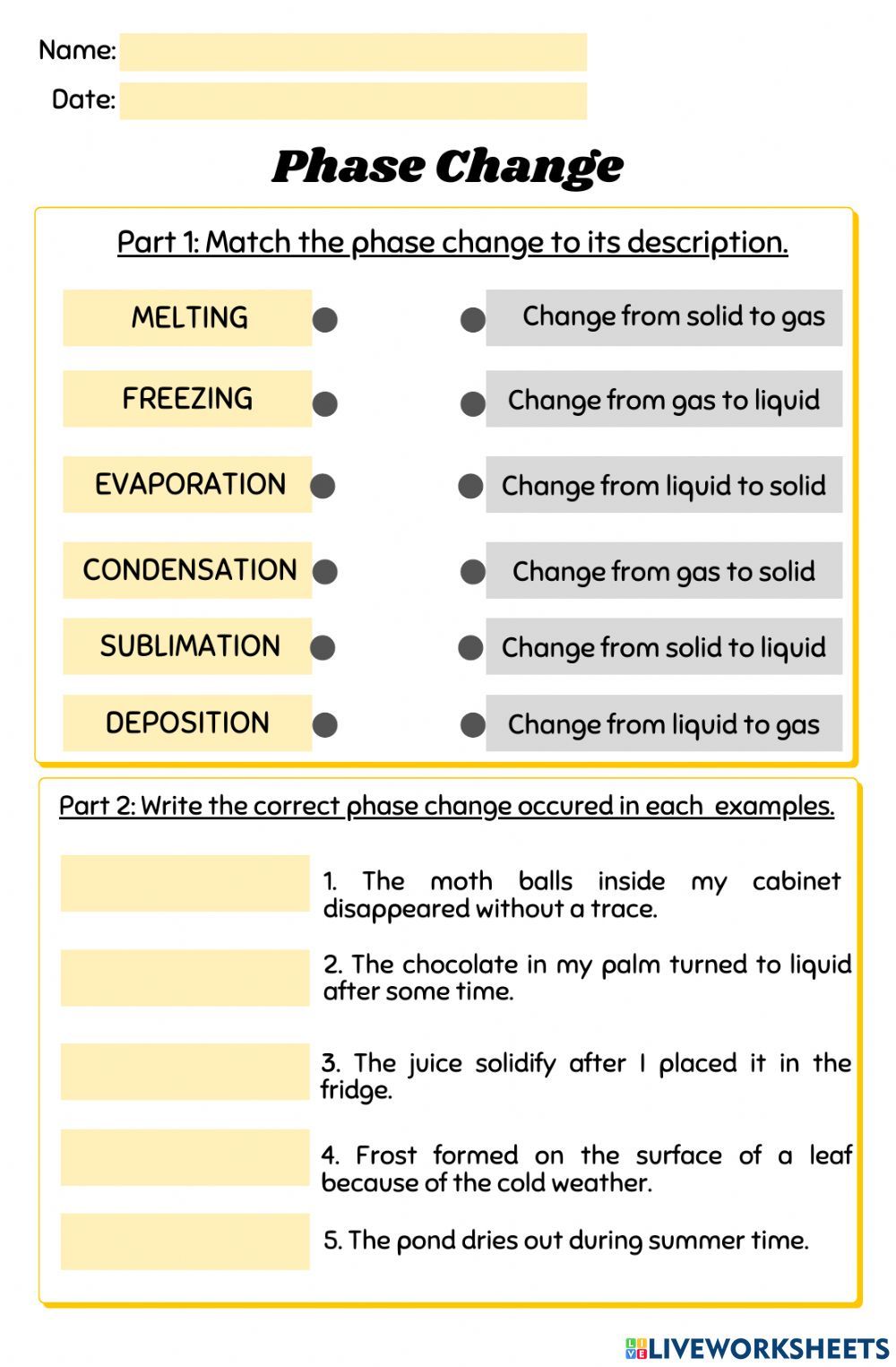 Phase Change Worksheet Worksheet Live Worksheets Worksheets Library