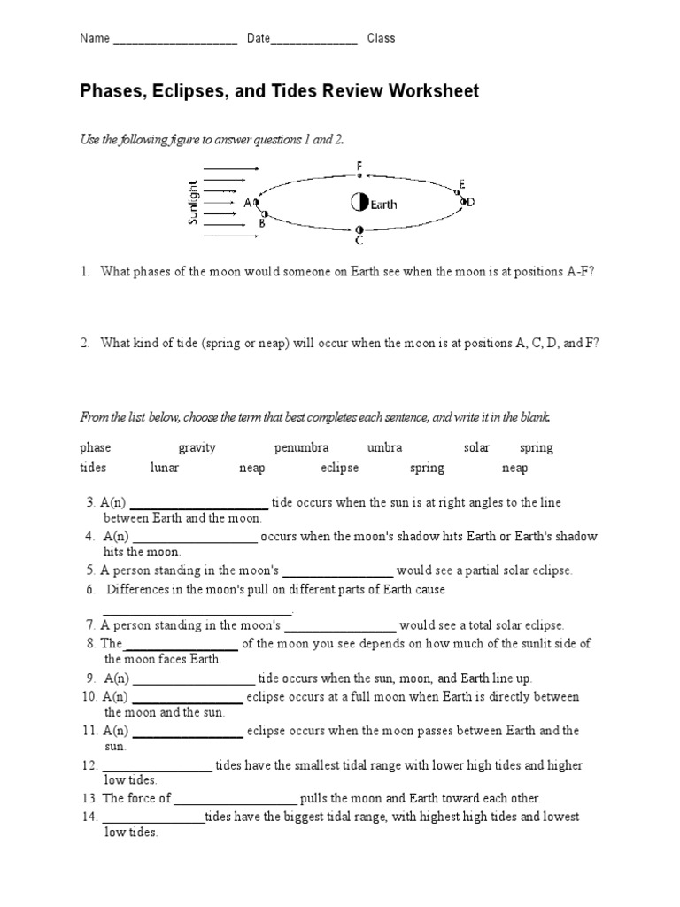 Phases Eclipses And Tides Worksheets