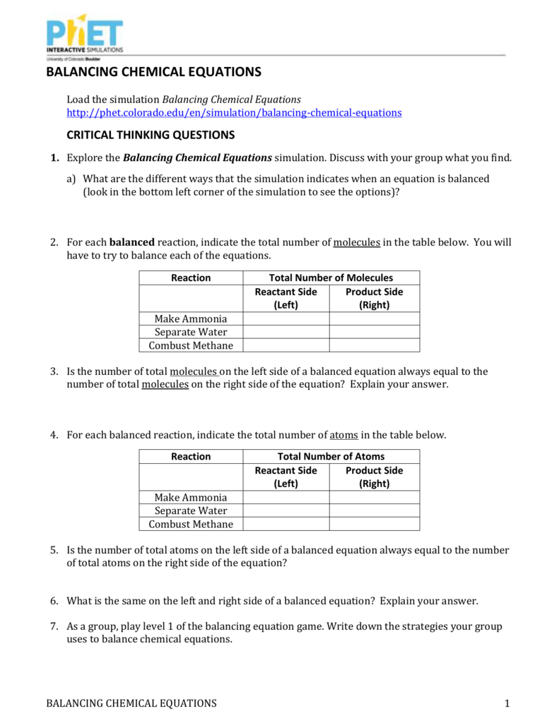 Phet Balancing Chemical Equations Worksheet Answers Revealed