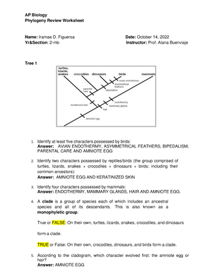 Phylogeny Review Worksheet 2017 Pdf Ap Biology Phylogeny Review Worksheet Tree 1 1 Identify