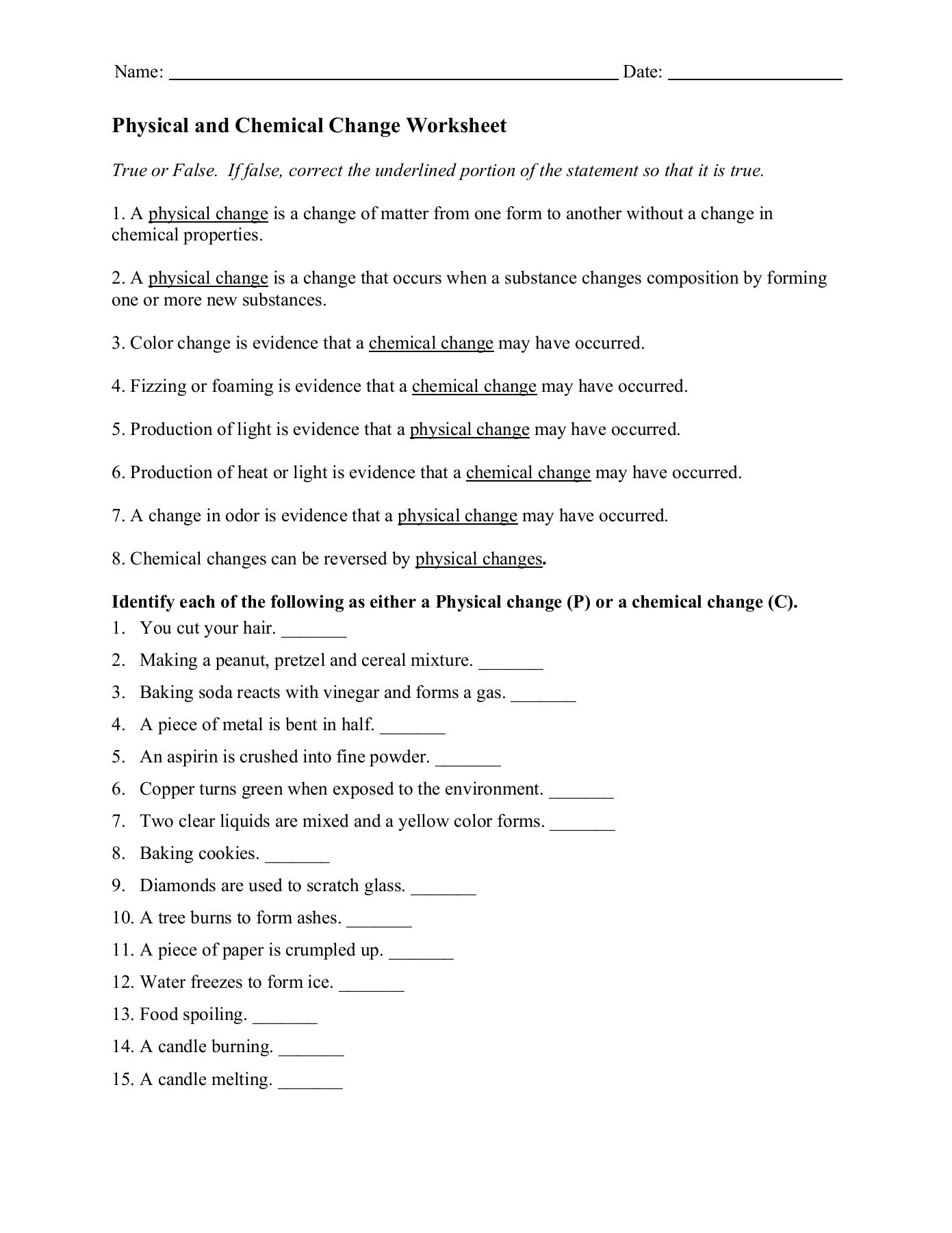 Physical And Chemical Changes Worksheet Englishworksheet My Id