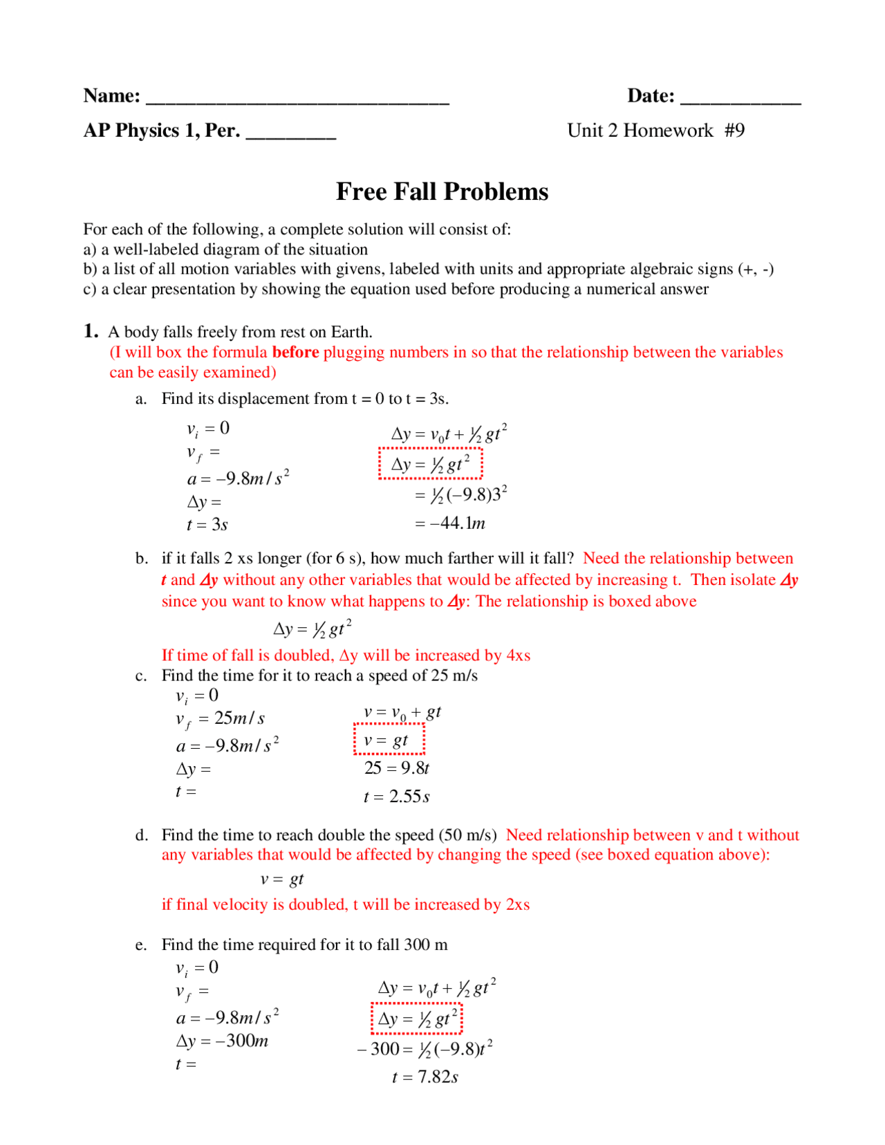 Physics Unit 1 Free Fall Practice Problems Worksheet Tpt