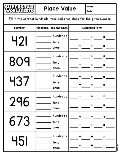 Place Value Worksheets Superstar Worksheets