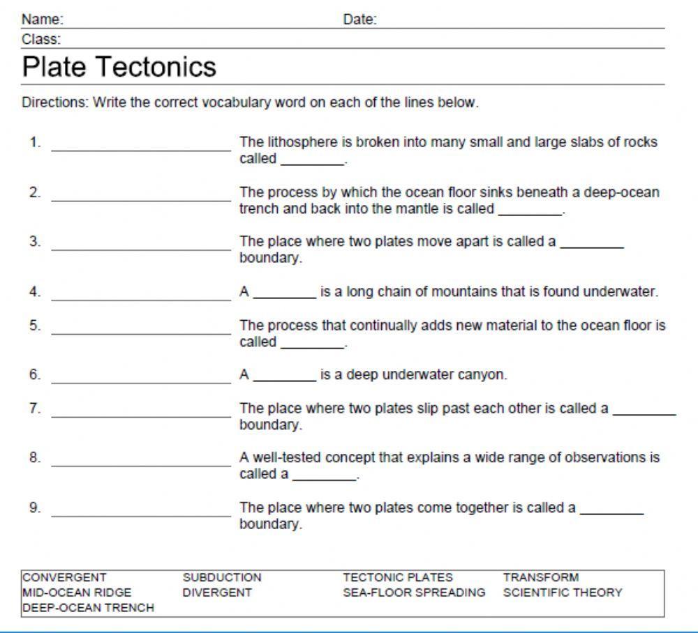 Plate Tectonics Vocabulary Worksheet Englishbix